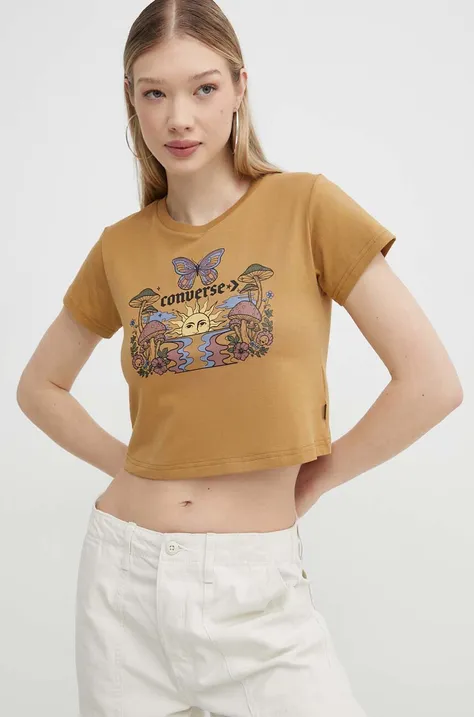 Bavlnené tričko Converse dámsky, hnedá farba