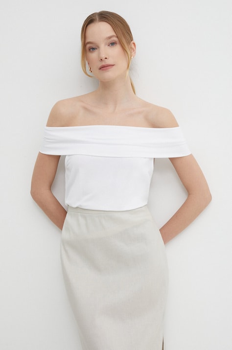 Sisley top femei, culoarea alb, decolteu spaniol