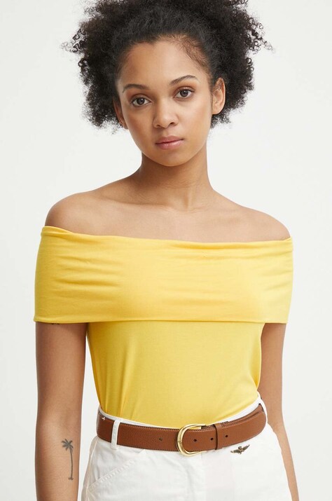 Sisley top femei, culoarea galben, decolteu spaniol