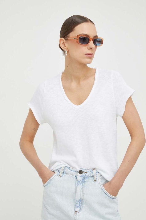 Bavlněné tričko American Vintage T-SHIRT MC COL V bílá barva, SON02AGE24