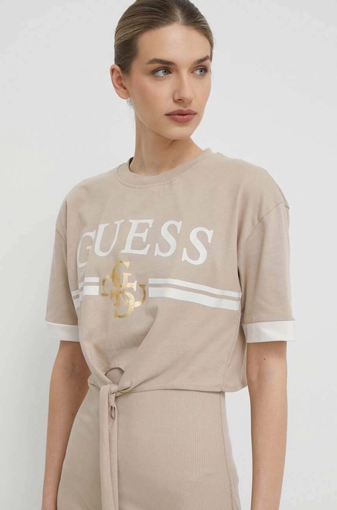 Guess tricou din bumbac femei, culoarea bej