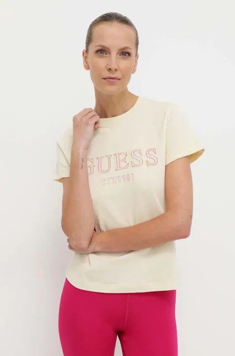 Pamučna majica Guess za žene, boja: bež