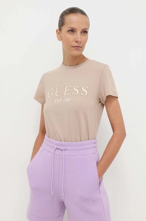 Guess tricou din bumbac femei, culoarea bej