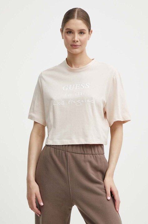 Guess tricou din bumbac DAKOTA femei, culoarea bej, V4GI13 JA914