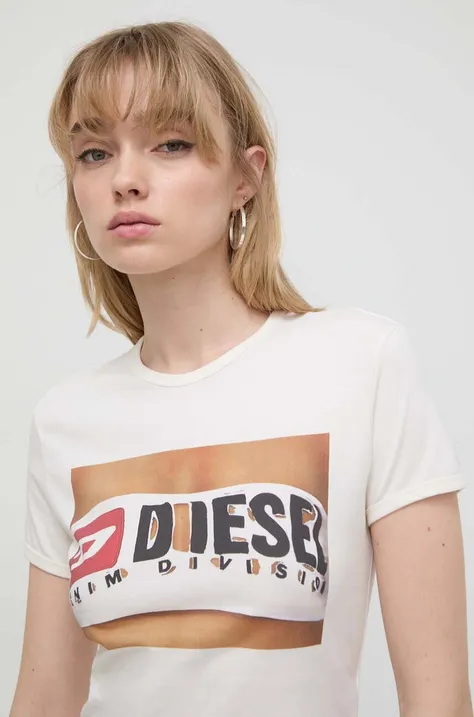 Bombažna kratka majica Diesel ženski, bela barva