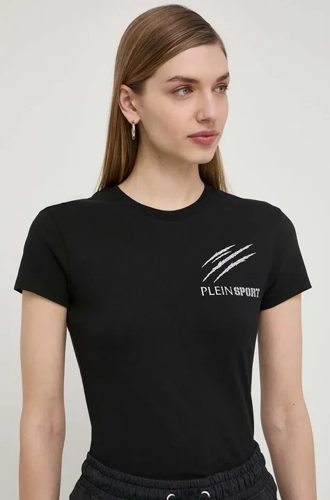 Βαμβακερό μπλουζάκι PLEIN SPORT γυναικεία, χρώμα: μαύρο