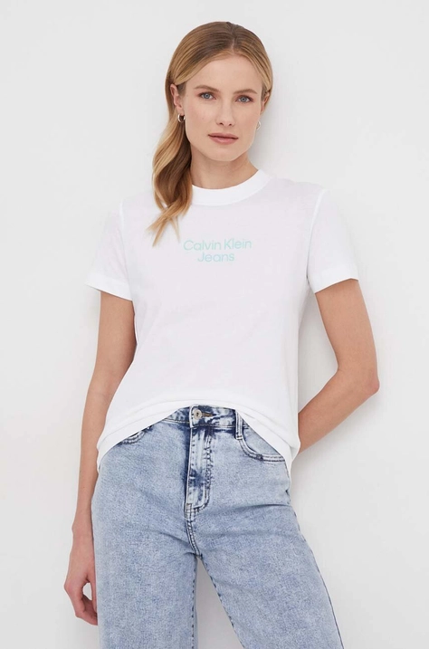 Calvin Klein Jeans tricou din bumbac femei, culoarea alb