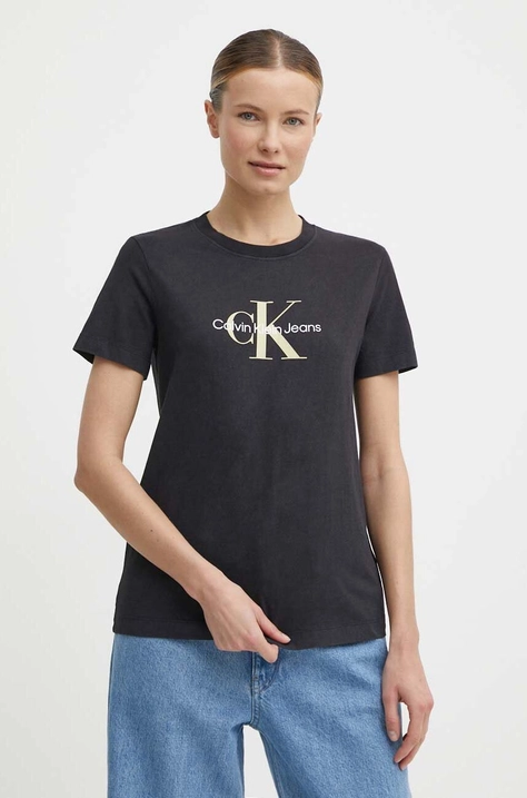 Βαμβακερό μπλουζάκι Calvin Klein Jeans γυναικεία, χρώμα: μαύρο