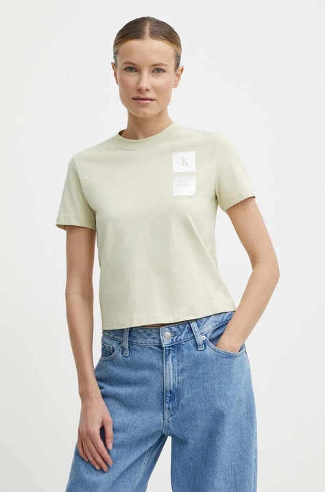 Pamučna majica Calvin Klein Jeans za žene, boja: zelena