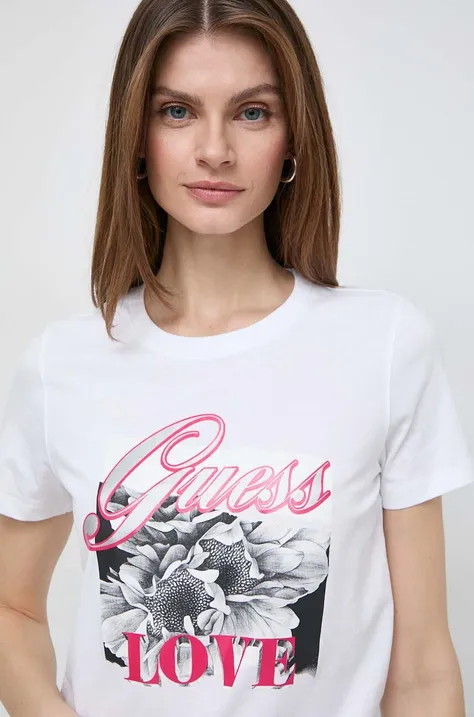 Bavlnené tričko Guess COLLAGE dámsky, béžová farba, W4GI17 I3Z14