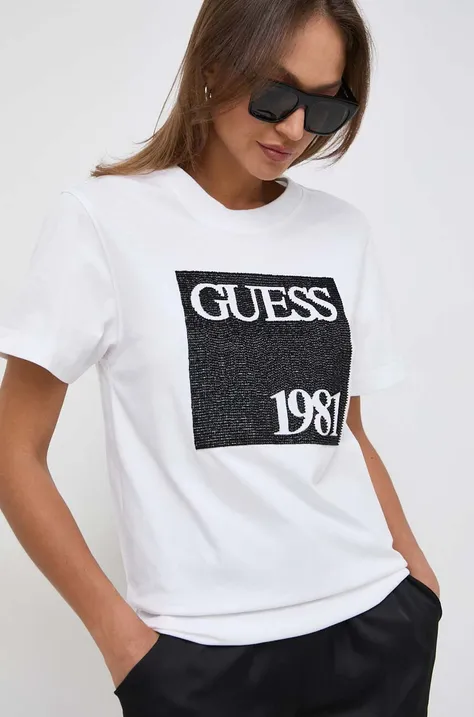 Βαμβακερό μπλουζάκι Guess γυναικεία, χρώμα: άσπρο