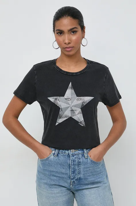 Βαμβακερό μπλουζάκι Guess γυναικεία, χρώμα: γκρι