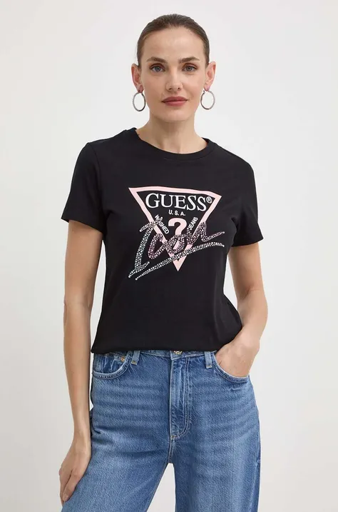Bombažna kratka majica Guess ženska, črna barva, W4GI20 I3Z14