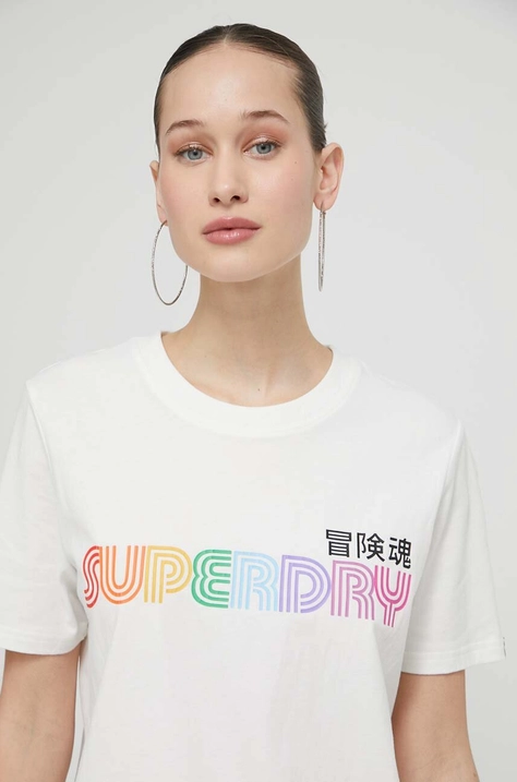 Pamučna majica Superdry za žene, boja: bež