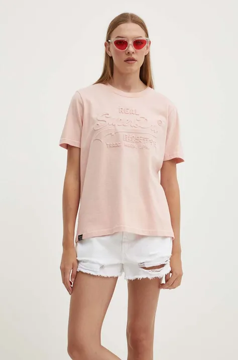 Bombažna kratka majica Superdry ženski, roza barva