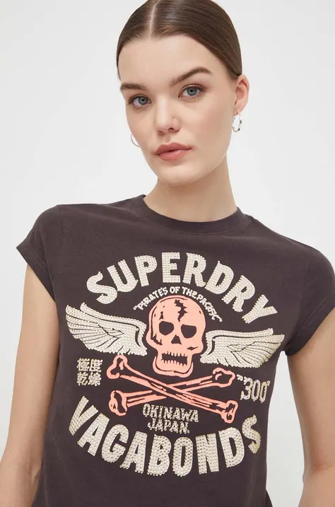Bombažna kratka majica Superdry ženski, rjava barva