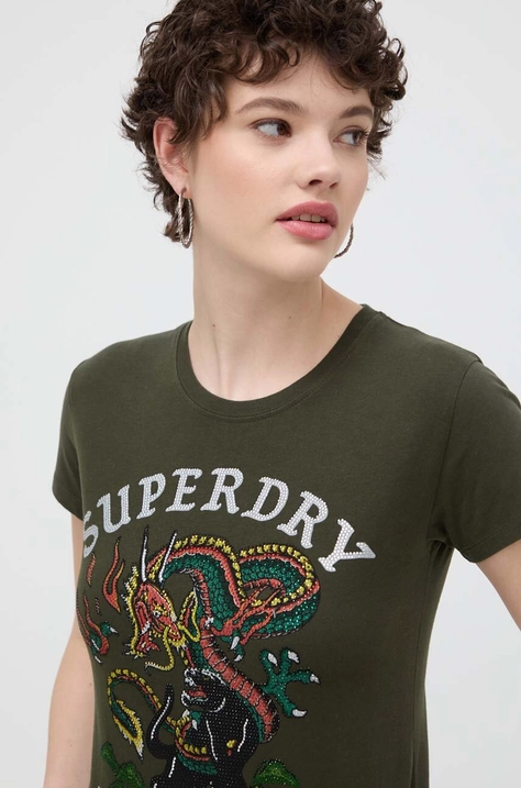 Superdry tricou din bumbac femei, culoarea verde