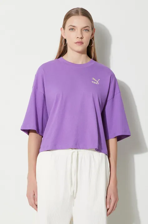 Bavlnené tričko Puma BETTER CLASSICS Oversized dámske,fialová farba,624226