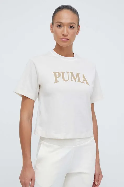 Pamučna majica Puma SQUAD za žene, boja: bež