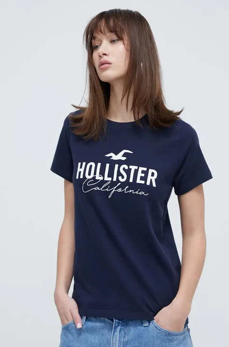 Bombažna kratka majica Hollister Co. ženski, mornarsko modra barva