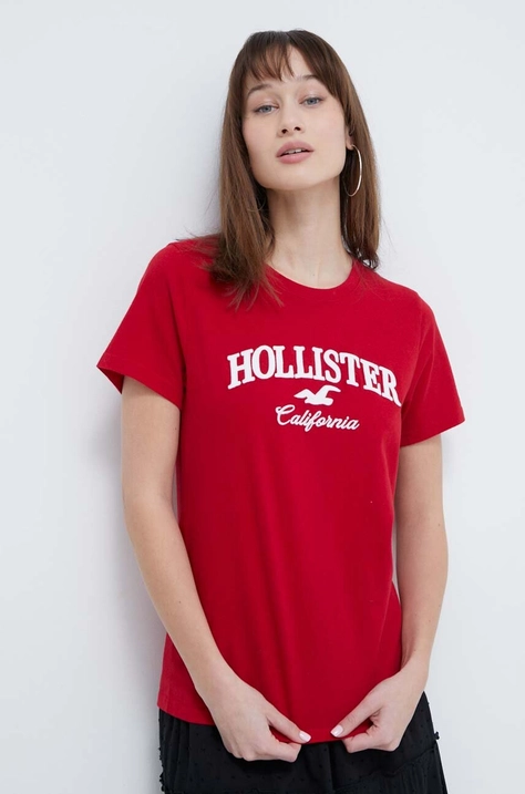 Bombažna kratka majica Hollister Co. ženski, rdeča barva