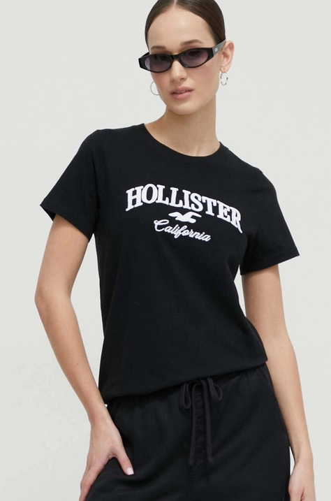 Pamučna majica Hollister Co. za žene, boja: crna