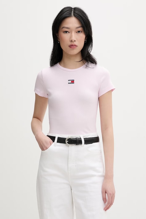 Tommy Jeans majica za žene od pamuka s elastanom roza DW0DW17881