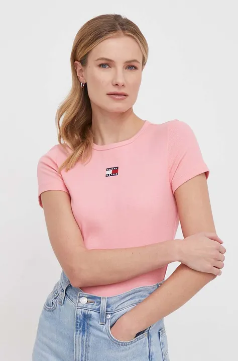 Kratka majica Tommy Jeans ženski, roza barva