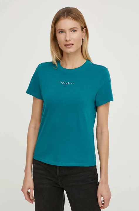 Pamučna majica Tommy Jeans za žene, boja: tirkizna, DW0DW17828