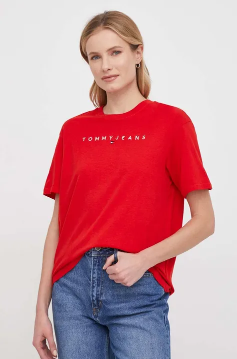 Bombažna kratka majica Tommy Jeans ženski, rdeča barva