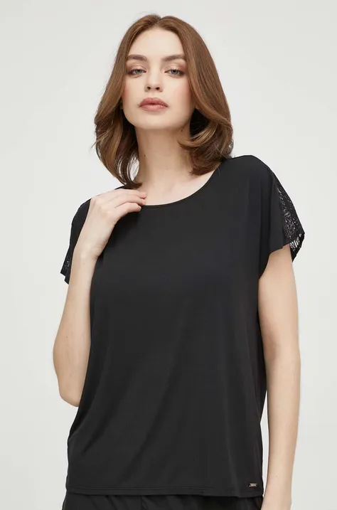 Піжамна футболка Calvin Klein Underwear жіночий колір чорний мереживо
