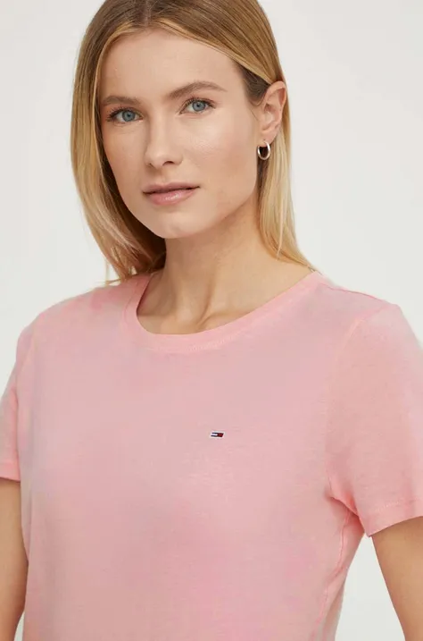 Βαμβακερό μπλουζάκι Tommy Jeans γυναικεία, χρώμα: ροζ