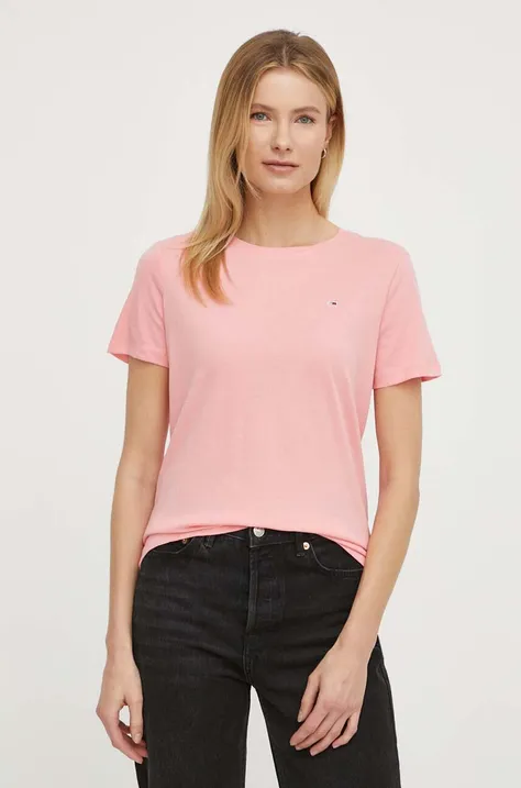 Bombažna kratka majica Tommy Jeans ženski, roza barva