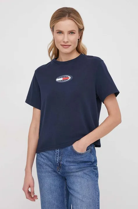 Βαμβακερό μπλουζάκι Tommy Jeans γυναικεία, χρώμα: ναυτικό μπλε