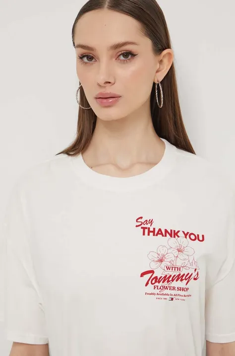 Βαμβακερό μπλουζάκι Tommy Jeans γυναικεία, χρώμα: μπεζ
