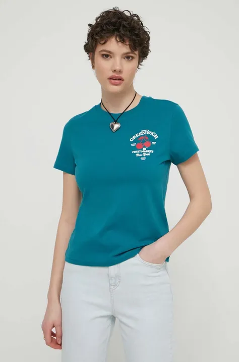 Βαμβακερό μπλουζάκι Tommy Jeans γυναικεία, χρώμα: τιρκουάζ