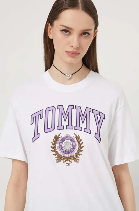 Bombažna kratka majica Tommy Jeans ženski, bela barva