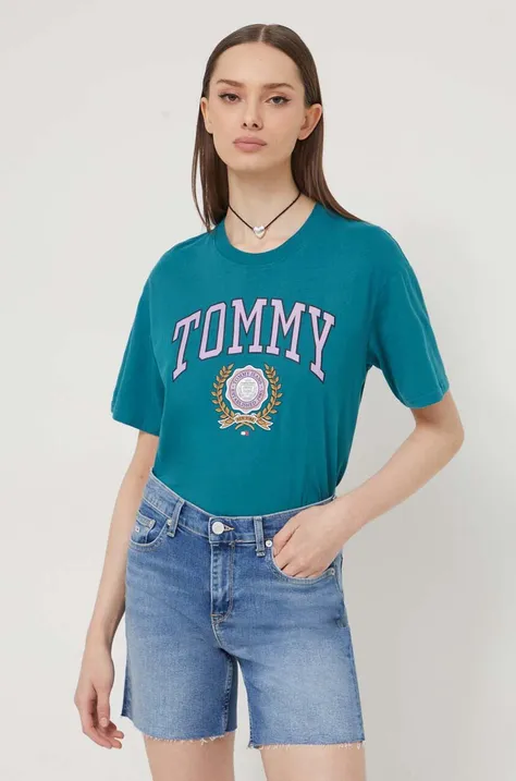 Bombažna kratka majica Tommy Jeans ženski, zelena barva