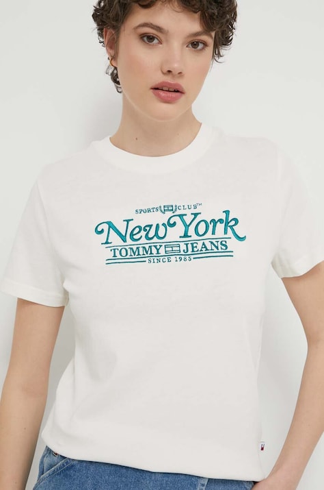 Хлопковая футболка Tommy Jeans женский цвет бежевый