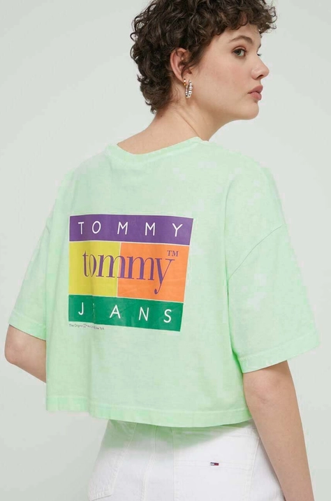 Tommy Jeans tricou din bumbac femei, culoarea verde, DW0DW18141