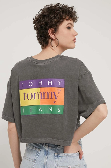 Βαμβακερό μπλουζάκι Tommy Jeans γυναικείο, χρώμα: γκρι, DW0DW18141