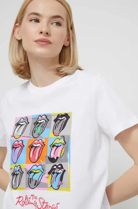 Pamučna majica Desigual x The Rolling Stones za žene, boja: bijela