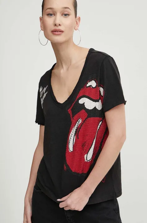 Βαμβακερό μπλουζάκι Desigual ROLLING γυναικείο, χρώμα: μαύρο, 24SWTK30