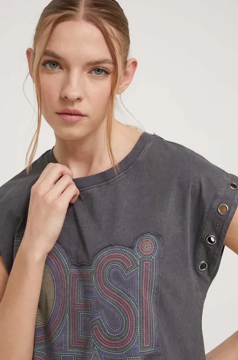 Pamučna majica Desigual za žene, boja: siva