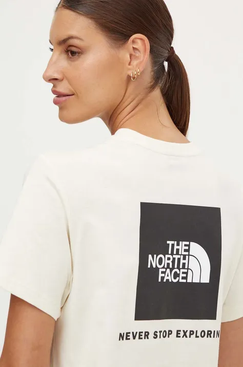 Bavlněné tričko The North Face W S/S Relaxed Redbox Tee béžová barva, NF0A87NKQLI1