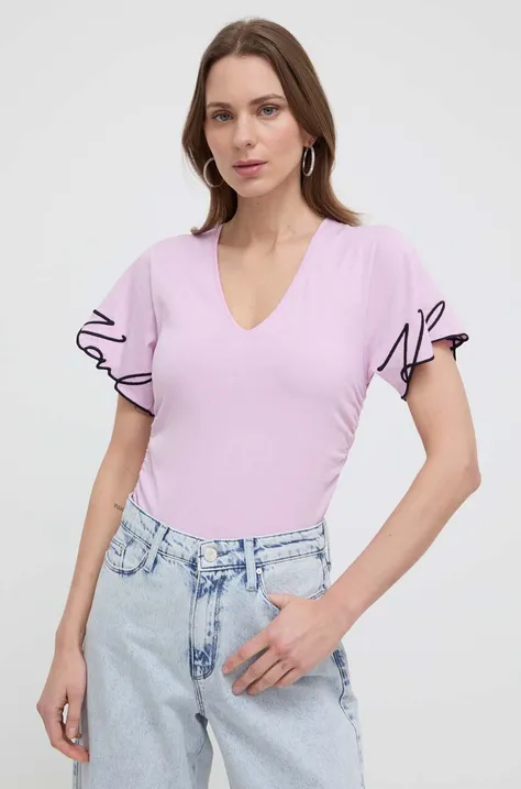 Bavlnené tričko Karl Lagerfeld dámsky, fialová farba