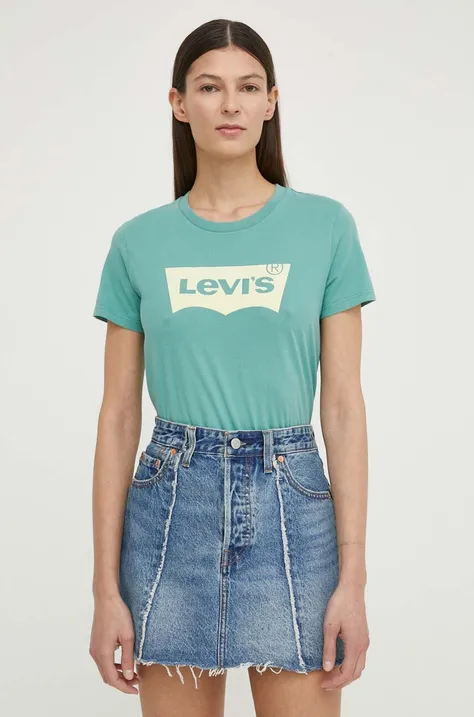 Bombažna kratka majica Levi's ženski, zelena barva