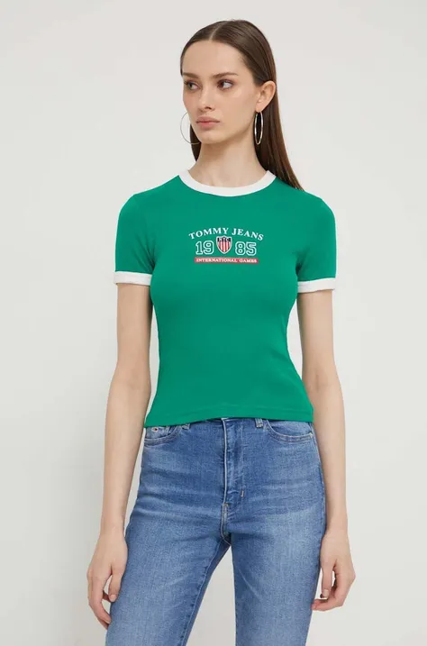 Kratka majica Tommy Jeans Archive Games ženska, zelena barva