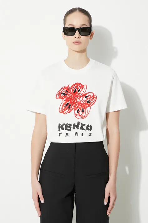 Βαμβακερό μπλουζάκι Kenzo Drawn Varsity Loose Tee γυναικείο, χρώμα: άσπρο, FE52TS1024SG.02
