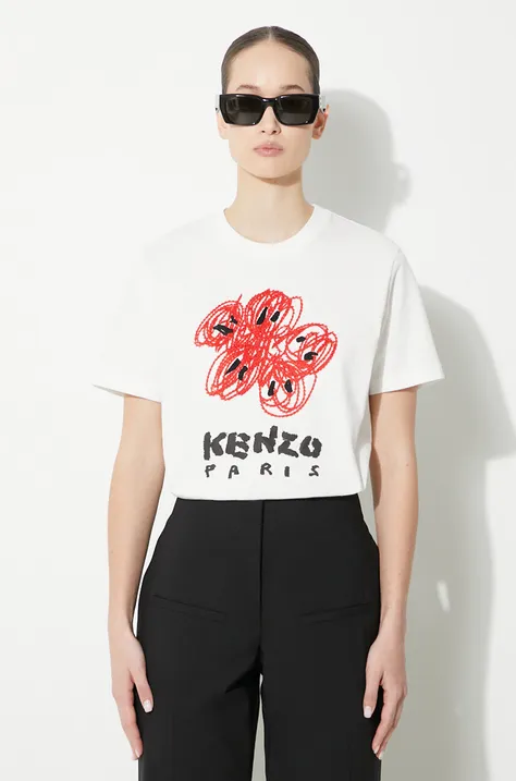 Bavlněné tričko Kenzo Drawn Varsity Loose Tee bílá barva, FE52TS1024SG.02